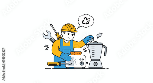 Repairman fixing a broken kitchen appliance with tools and recycling symbol.