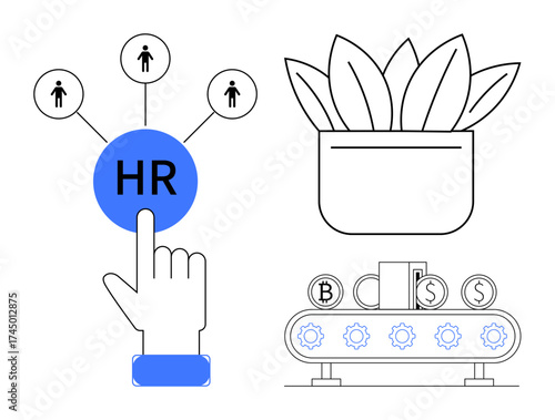 Hand choosing HR option with connected icons, potted plant depicting growth, and conveyor belt with currency. Ideal for recruitment, teamwork, sustainability, technology, finance, decision-making