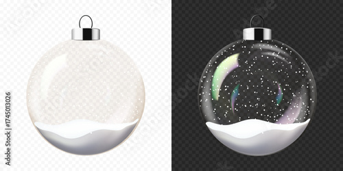 Christmas and New Year transparent glass ball with snow, isolated.	