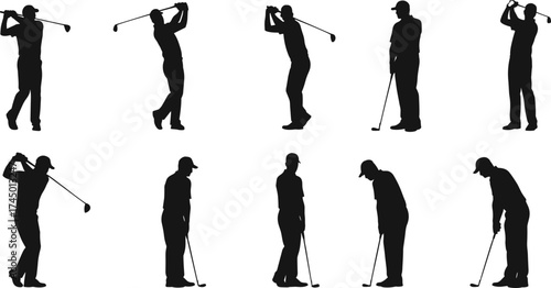 Golf swing silhouettes, player poses, sport vector art, black illustration, golfer stance, hitting ball, athletic motion, training sequence, 
