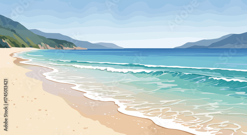 A tranquil ocean vista with gentle waves lapping at a sandy shore under a clear blue sky.