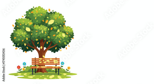 A charming park scene with a lush green tree and a wooden bench.