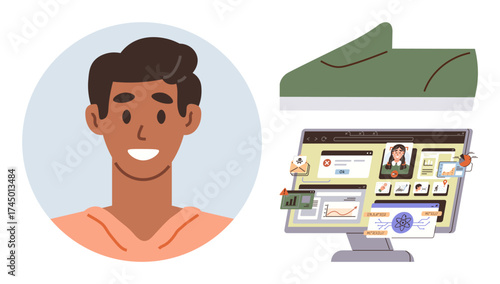 Smiling user avatar, digital interface on computer screen with profile tools, and curved element. Ideal for networking, online identity, personal branding, education, design, technology simple flat