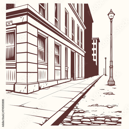 A vintage street scene with classic architecture and a lamppost on a cobblestone street