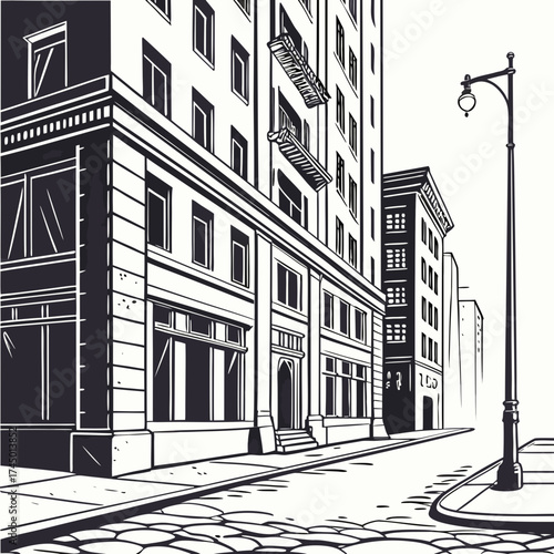 A stylized black and white illustration of a city street corner with tall buildings and a vintage lamppost on a cobblestone road