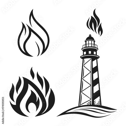 Stylized black and white graphic design featuring a lighthouse with flames emanating from its top and two separate flame icons