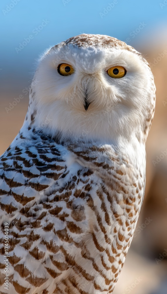 Fototapeta premium Majestic Snowy Owl with Striking Deep Yellow Eyes and Immaculate White Plumage in Nature Setting