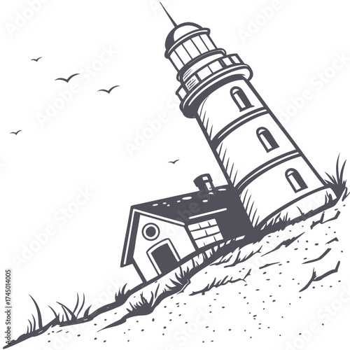 A leaning lighthouse and its adjacent building stand precariously on a steep grassy slope with birds flying overhead