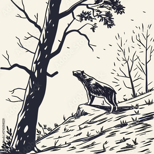 A solitary bear stands on a rocky outcrop looking upwards towards the branches of a large tree in a stylized graphic illustration