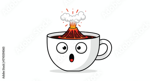 Surprised Coffee Cup Volcano Erupting Hot Beverage.