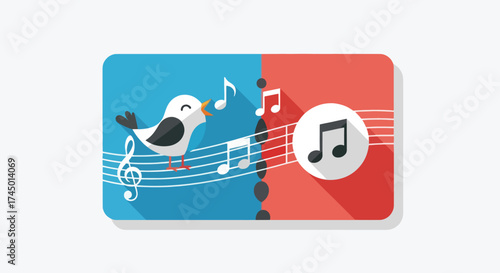 Cute cartoon bird singing musical notes on staff.