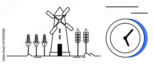 Windmill standing amid corn and wheat plants next to a clock, representing sustainability, agriculture, renewable energy, time management, productivity, harvest planning, and innovation. A simple
