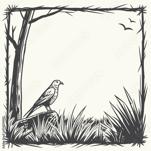 A solitary bird perches on a rock amidst tall grass and trees with two birds flying in the sky creating a rustic natural border