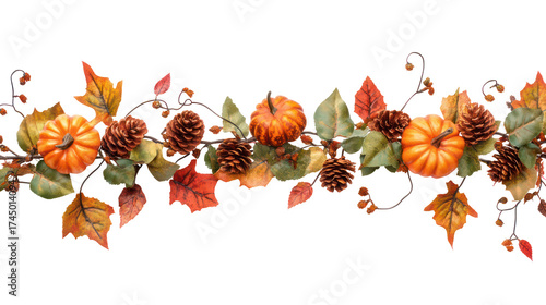 Autumn harvest garland with pumpkins and leaves isolated on transparent background