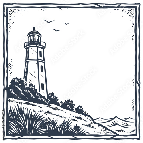 A vintage woodcut style illustration of a lighthouse on a grassy hill overlooking the ocean with birds flying above