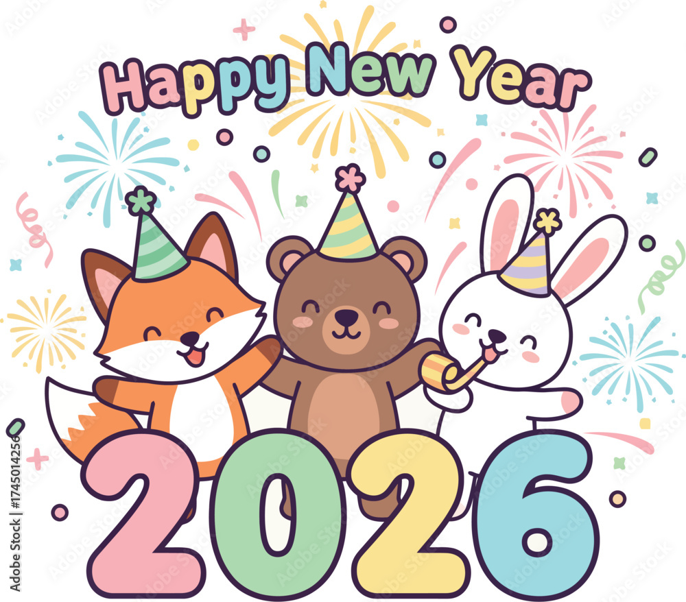 Fototapeta premium Cute cartoon animals celebrating happy new year 2026 with fireworks