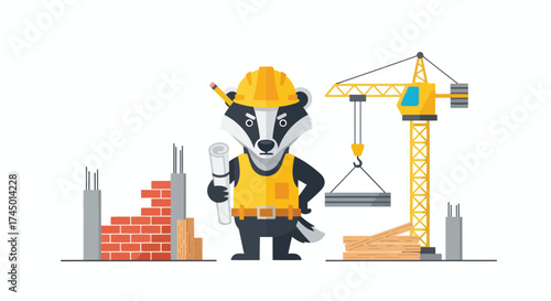 Badger construction worker with hard hat and blueprints on building site.