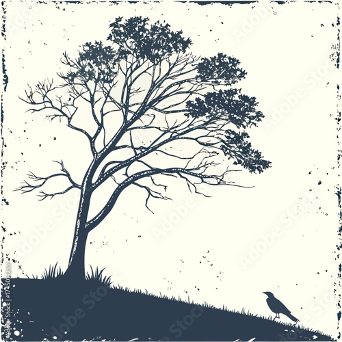 Silhouette of a solitary tree with intricate branches and a small bird standing on a grassy hill against a textured background