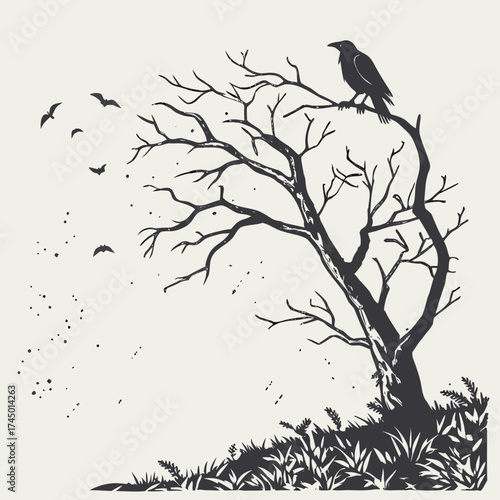 Silhouette of a bare tree with a crow perched on a branch and birds flying in a minimalist eerie and dark style against a light background