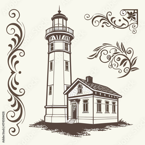 Vintage lighthouse and dwelling with decorative flourishes and ornate scrollwork on a light background