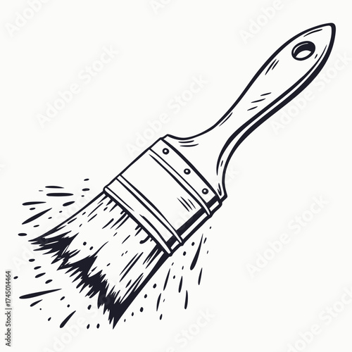 A black and white illustration of a paintbrush with bristles in motion creating splatters and streaks of paint against a white background