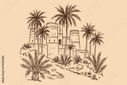 Desert fortress with palm trees sketch vector illustration