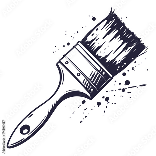 Artistic illustration of a paint brush with dark ink splatters and drips on a white background