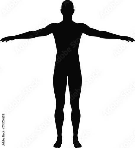 Human silhouette T‑pose, character model reference, black vector art, animation rigging, 3D design, gaming illustration, digital art, default stance