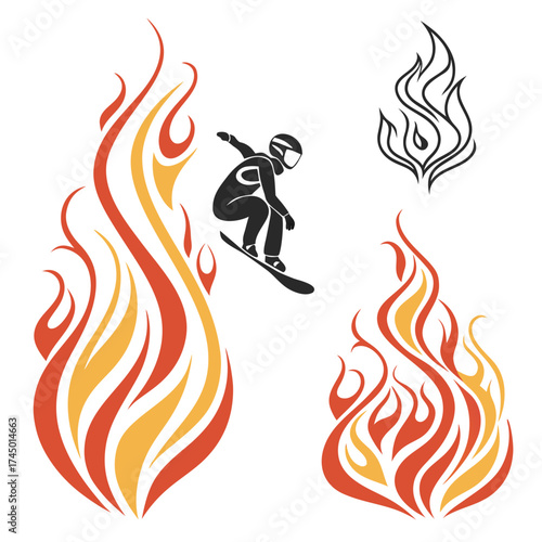 Dynamic snowboarder silhouette performing a jump amidst stylized flames and abstract fire elements