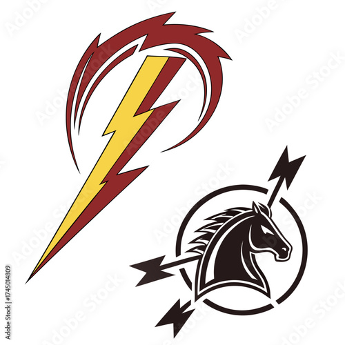 Dynamic duo of a stylized lightning bolt and a fierce horse head emblem with arrows representing speed power and determination
