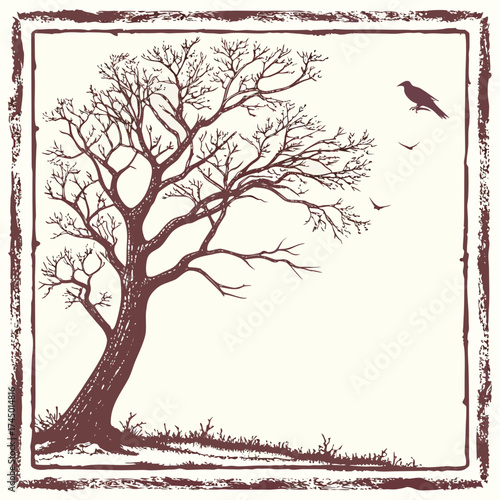 A solitary bare tree with intricate branches stands in a field with a decorative border and birds flying in the sky