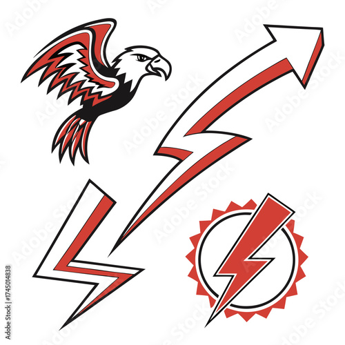 Dynamic eagle and lightning bolt arrows symbolizing speed power and directional movement in red and black
