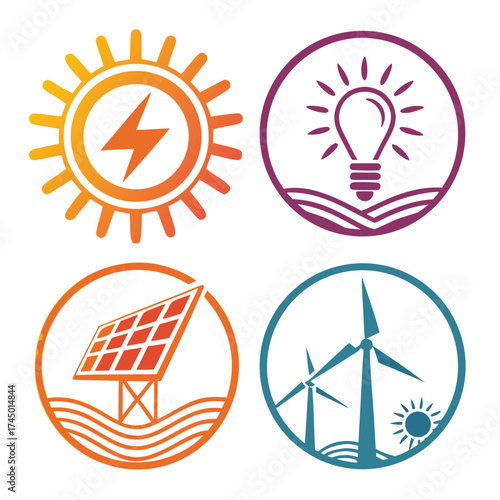 Set of four circular icons representing renewable energy sources including solar power wind energy and a lightbulb symbolizing innovation and ideas