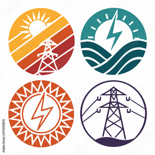 Set of four circular icons representing different energy sources and power transmission including solar wind and electricity pylons