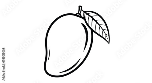 A simple black and white drawing of a ripe mango with a stem and a leaf.