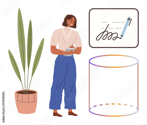 Professional jotting down notes with abstract signature, transparent cylinder, and a potted plant. Ideal for organization, strategy, productivity, journaling, creativity, minimalism conceptual