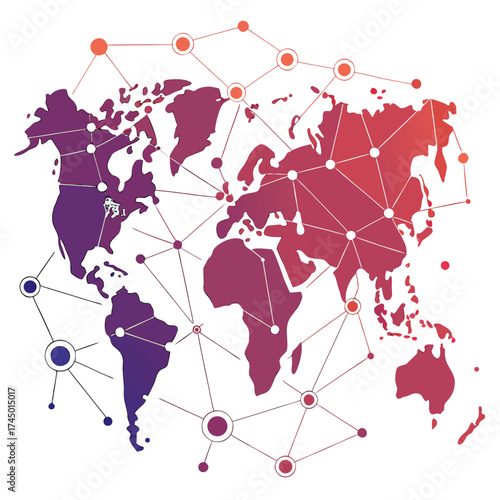 Global network connections visualized on a gradient world map with interconnected nodes representing communication and data flow across continents