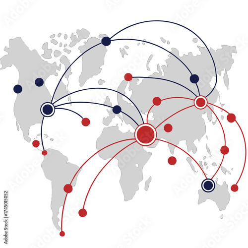 Global network connections visualized with interconnected dots and lines on a world map background representing international trade and communication