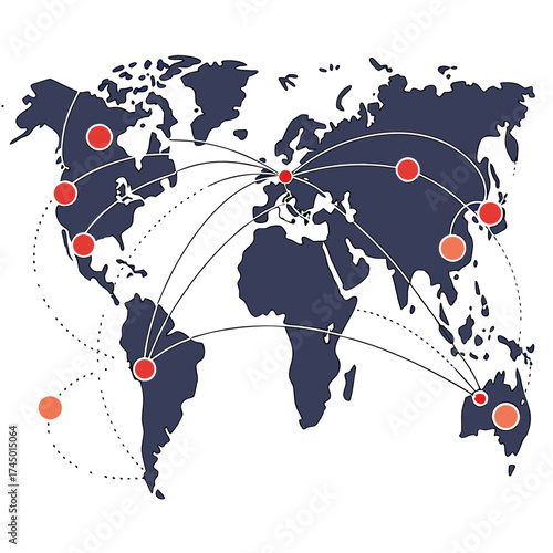 Global network connections and travel routes illustrated on a world map with interconnected points representing different locations across continents
