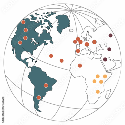 Stylized globe illustration with colored dots marking locations across north america europe africa and south america indicating global presence or distribution