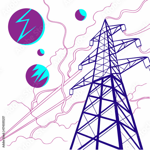 Abstract illustration of a tall electricity pylon with stylized purple and turquoise circles representing planets or energy orbs against a white background with flowing lines