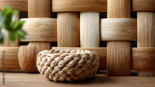 Handmade woven wooden basket on natural wood texture background