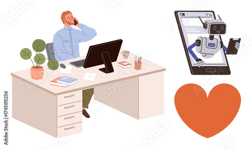 Man working at desk with computer, books, and plants phone screen robot holding thumbs-up heart representing connection. Ideal for workplace, technology, innovation, AI-human interaction, support