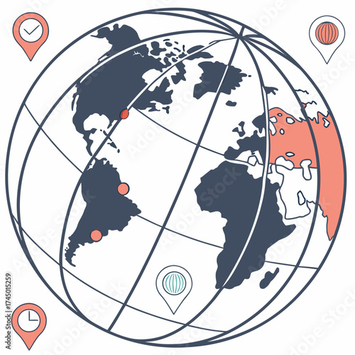 Stylized globe with location pins and world map featuring continents and meridian lines