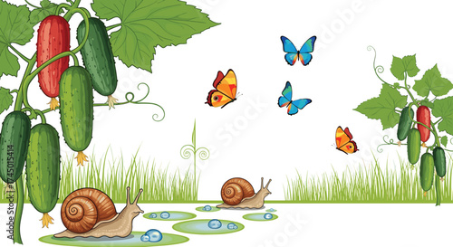 A garden scene featuring cucumbers butterflies and snails on a rainy day.