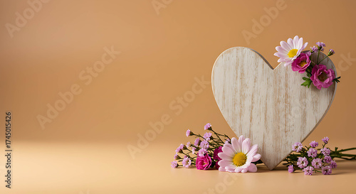 Wooden heart with flowers on peach background for decoration  