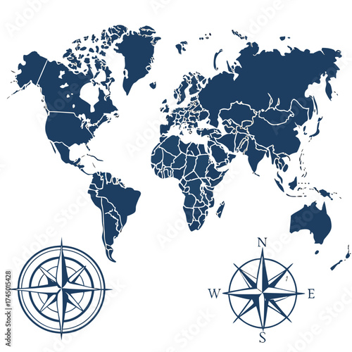 World map with compass rose and directional pointers symbolizing global travel and navigation