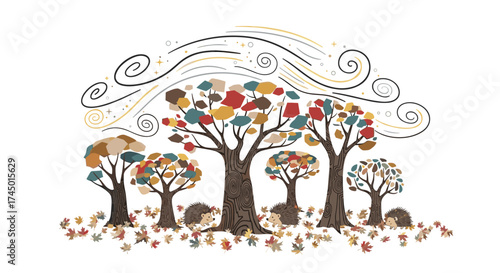Whimsical autumn trees adorned with colorful leaves and playful hedgehogs celebrating the changing season.