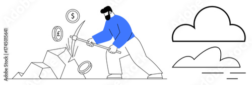 Man using pickaxe to mine coins from rocks, symbolizing hard work, wealth creation, virtual assets. Ideal for finance, economy, investment, growth, cryptocurrency effort motivational concepts