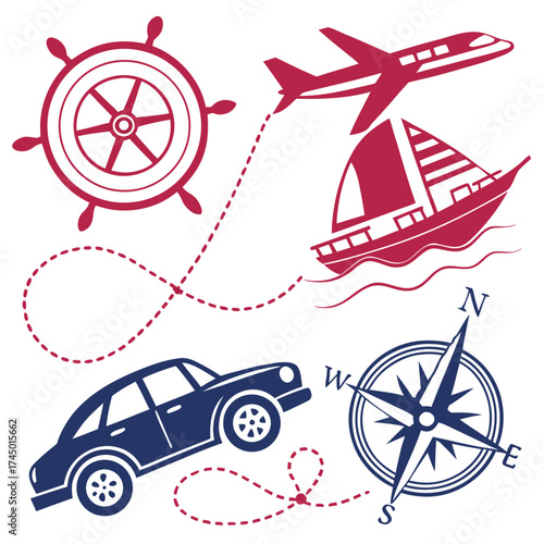 Diverse modes of transportation including a car airplane sailboat and ship s wheel connected by dashed lines indicating travel routes